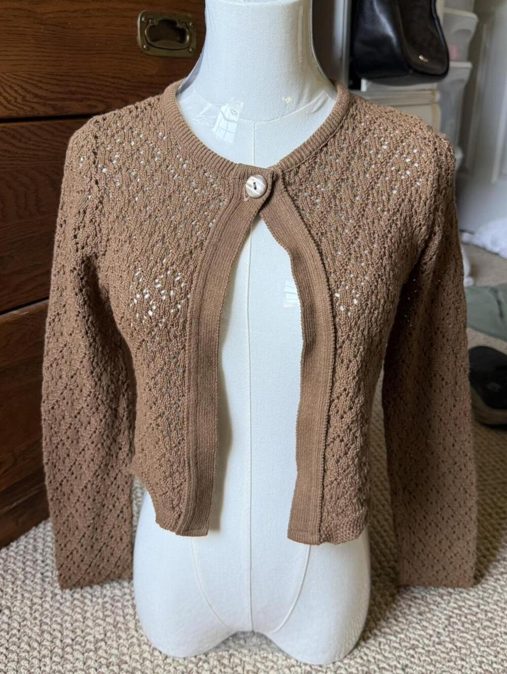 Brown crochet cardigan with button closure and open front